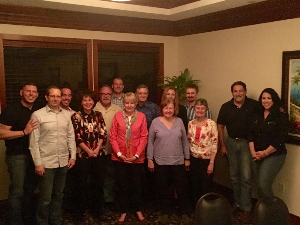 From left (at the advisory board dinner): Matt Long, Brian Pryor, John Mercurio, Heidi Ward, Ron Riegel, Felix Duerr, Nancy Godbold, John Godbold, Juanita Anders, Debra Canapp (behind), Sherman Canapp, Wendy Frydrych, Luis De Tabaoda, Lisa Miller.